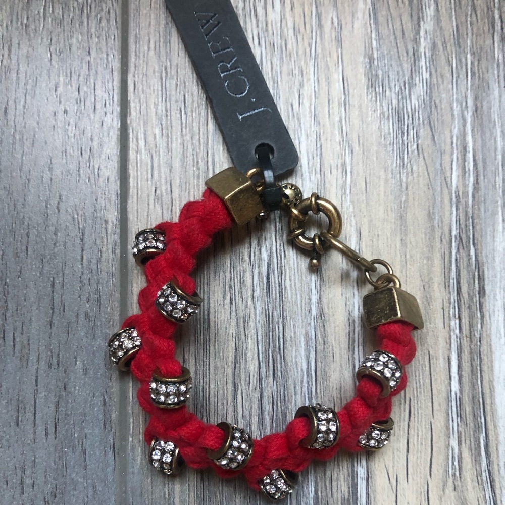 J crew red, crystal and bronze bracelet